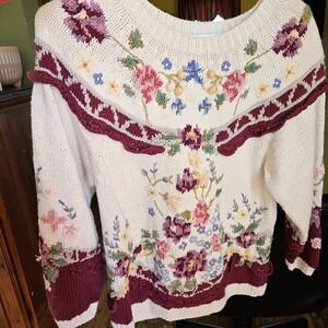 Jennifer Reed Petite Knitted By Hand Floral Sweater W/ Ruffle Trim Details Small